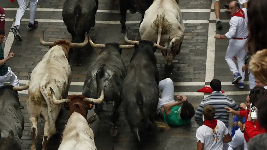 Los toros de la ganadería sevillana de Miura en Estafeta durante el octavo y último encierro de los Sanfermines 2016. EFE. Javier Lizón (4)