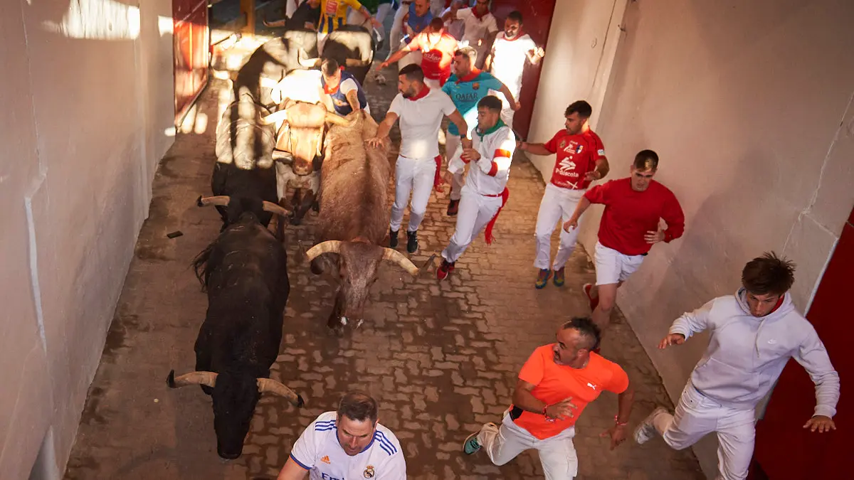 Segundo encierro de San Fermín 2022 con toros de Fuente Ymbro en el callejón y plaza de toros. PABLO LASAOSA