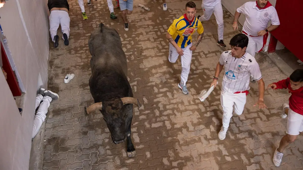 Tercer encierro de San Fermín 2022 con toros de José Escolar en el callejón de la plaza de toros. MAITE H. MATEO
